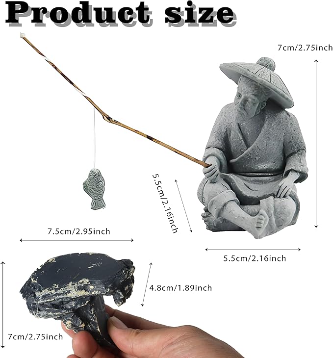 LIYAOLI Mini Fisherman Statue for Aquarium Decor - Sandstone Japanese Fishing Figurine, Fish Tank Ornament, Zen Garden Sculpture & Home Decoration