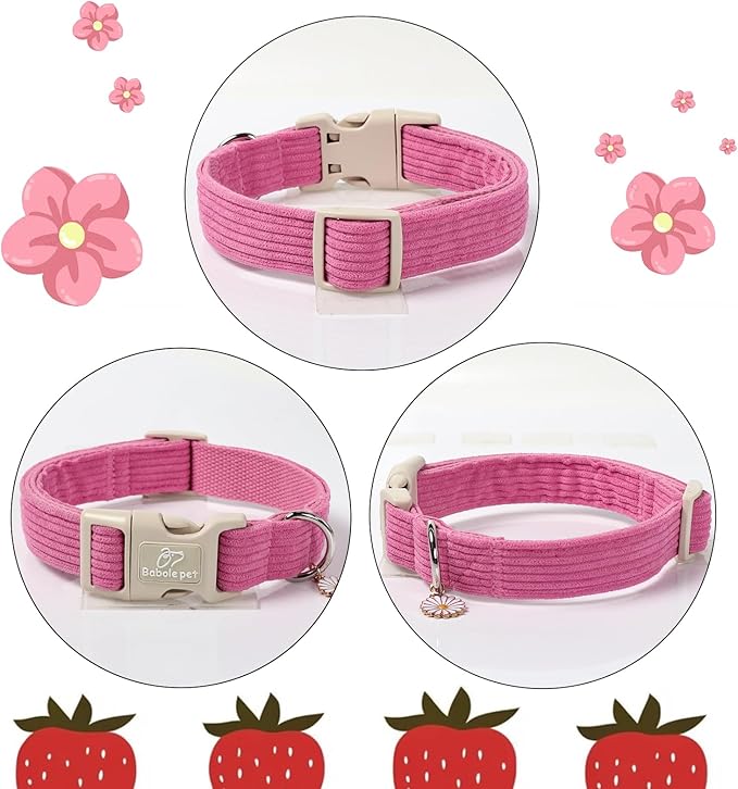 Cute Corduroy Dog Collar - Deep Rose Adjustable Dog Collars for X-Small Dogs 4-10lbs, Fade-Proof with Secure Snap & Little Charm, Christmas Birthday Gift, XS