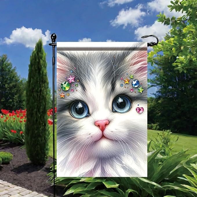 Cute Kitty Garden Flag 12x18 Inch Bling Rhinestone Cat Face Banner Double Sided Kitten Yard Decor for Cat Lovers, Spring Summer Outdoor Decoration