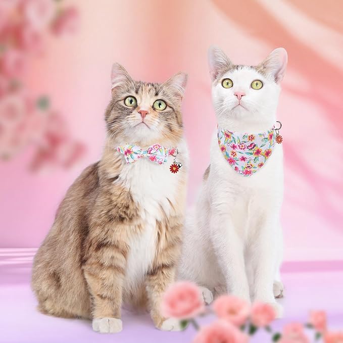 SCENEREAL Spring Cat Collar Breakaway with Bells, 2 Pack Cute Flower Pet Collar with Removable Bow Tie and Bandana, Adjustable Safety Buckle with Daisy Pendants for Girl Cats Kitten
