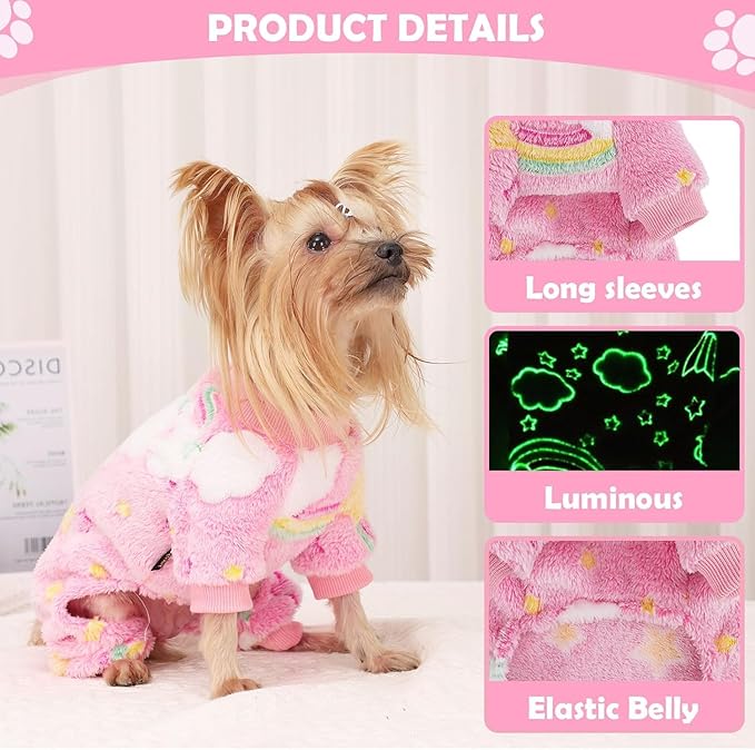 Dog Sweaters Small Girl Warm Fleece Pajamas, Cute Extra Small Dog Clothes, 4 Legs Puppy Jumpsuit Pjs Soft Stretchy Doggie Onesies Pet Outfit Apparel for Chihuahua Yorkie, Rainbow Pink, XXXS