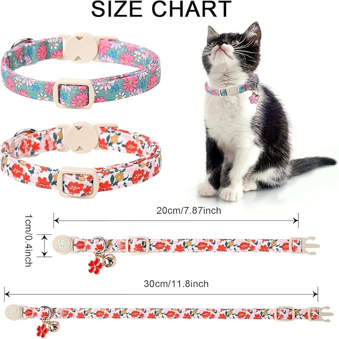 Cat Collar,2Pack Summer Cat Collars Cute Breakaway,Spring Green Leaf Flower Kitten Collar with Bell, Kitty Collars with Safety Buckle for Girl & Boy Cats