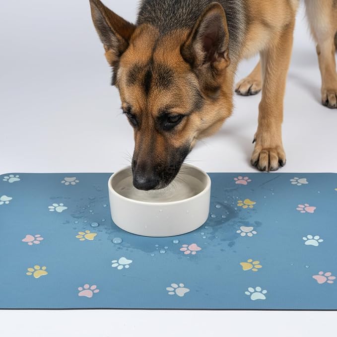 Pet Feeding Mat Absorbent Dog Mat for Food and Water Non Slip Quick Dry Dog Bowl Mats for Floors 27" X 17" Paw Lake Blue
