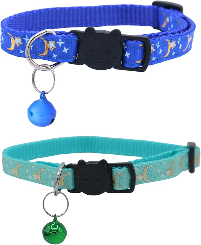 Set of 2: KioKatt Celestial Nylon Cat Collars with Matching Bells – Adjustable Breakaway Safety Collars for Adult Cats, 7–11" (Green + Blue)