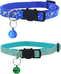Set of 2: KioKatt Celestial Nylon Cat Collars with Matching Bells – Adjustable Breakaway Safety Collars for Adult Cats, 7–11" (Green + Blue)