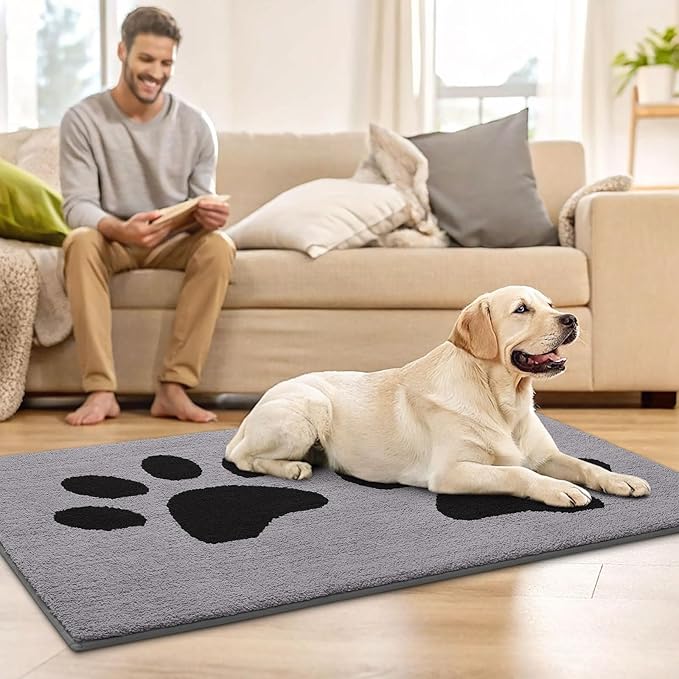 Buganda Dog Door Mat for Muddy Paws, Absorbent Dirt Trapper Washable Indoor Doormats, Non Slip Low-Profile Mud Mat for Dogs, Front Entrance Doormat for Inside Floor (47x32 Inches, Grey)
