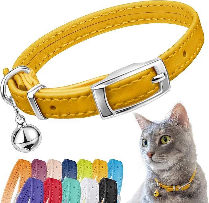 CollarDirect Leather Cat Collar with Bell - Kitten Collar, Small and Big Cat Strap for Boy Cats, Girl Cats with Safety Elastic Strap (Neck Fit 6"-7", Yellow)