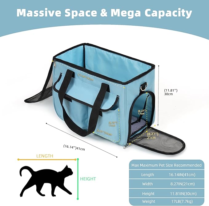Cat & Dog Carrier for Pets Up to 15 Lbs, Airline Approved Soft-Sided Collapsible Pet Carrier for Cats & Dogs, Cat Carrier with Breathable Mesh, Padded Interior – Ideal for Car Rides, Daily Use(Blue)