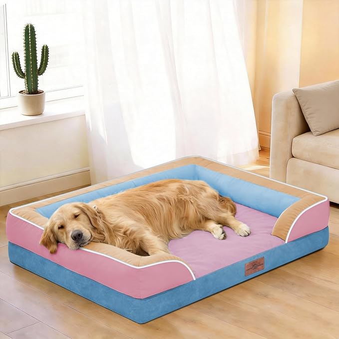 Comfort Expression Orthopedic Dog Bed for Large Dogs 36x27 Inch, Waterproof Egg Crate Foam Large Pet Bed with Removable Bolsters, Dog Couch with Washable Cover & Non-Slip Bottom, Bubblegum Cove