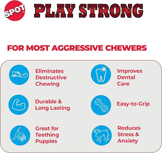 SPOT Play Strong Bone- Durable TPR Long Lasting Dog Chew for Aggressive Chewers, Hole for Treats, Virtually Indestructible Toy for Medium Dogs & Puppies - 5.5 inch