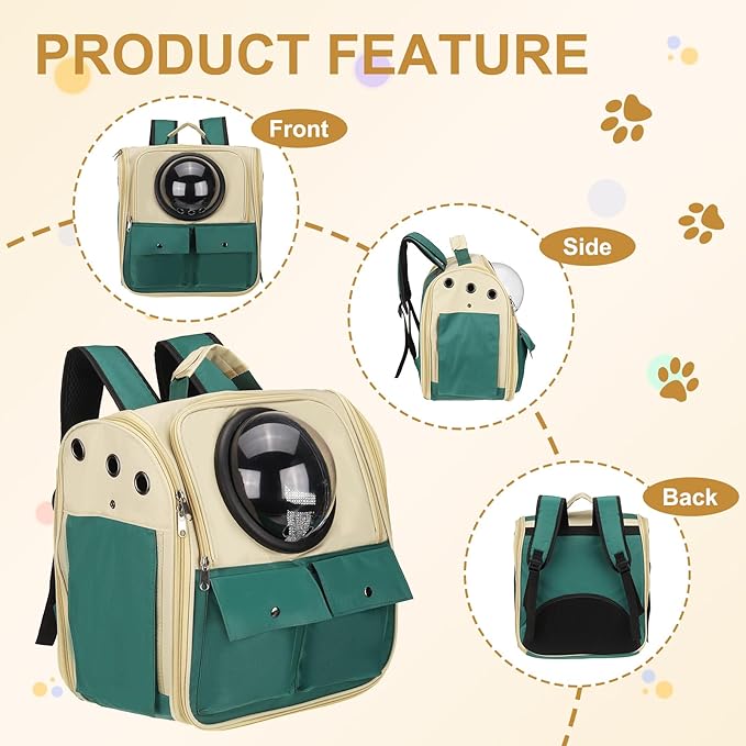 Pet Backpack Carrier, Portable and Ventilated, Oxford Cloth, Dogs Cats and Small Animals Travel Bag 12.99", (Khaki Green, 1 Pcs), Intended for Hiking/Camping/Traveling