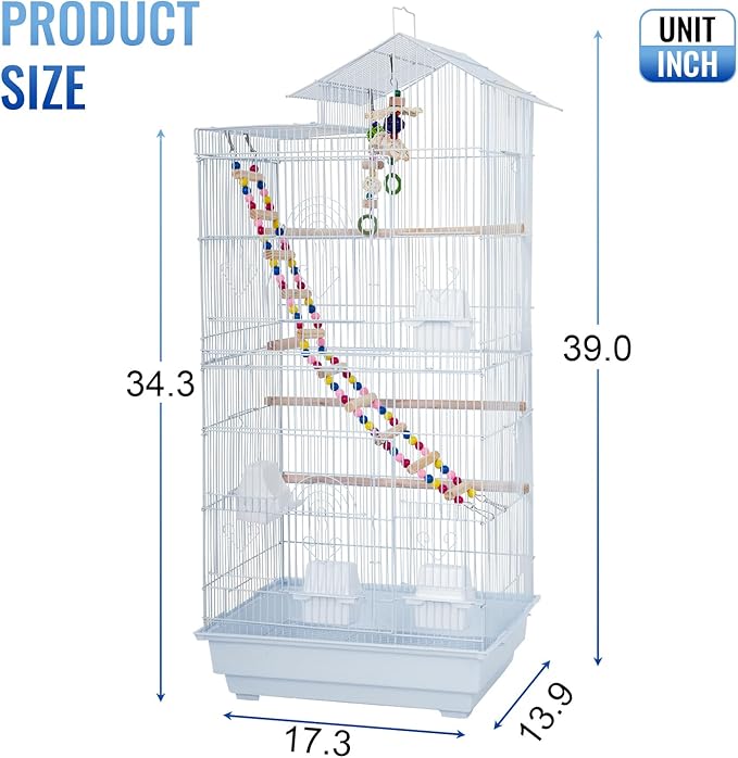 FDW 39 Inch Bird Cage Parakeet Cage with Play Top Rolling Stand & Easy Clean Pull-Out Tray Roof Top Parrot Cage for for Finches Canaries Parakeets Cockatiels & Other Small Birds, White