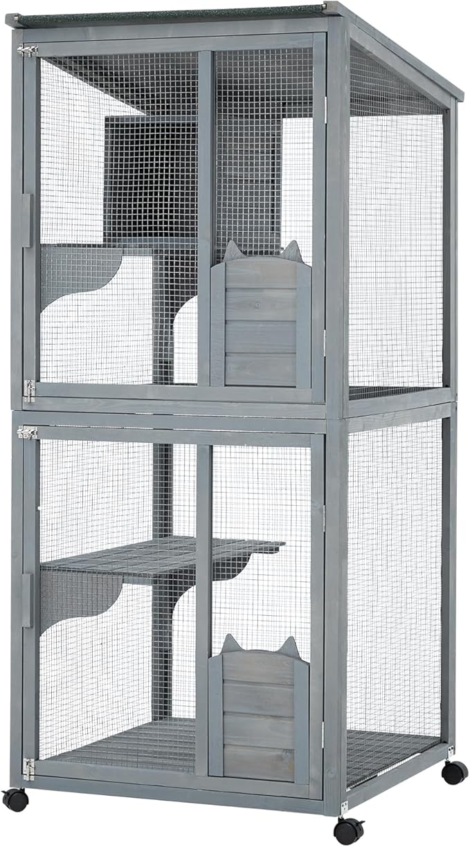69-Inch Catio, Wooden Cat Enclosure, 4-Tier Cat House w/Waterproof Roof, Removable Tray, Nesting Box and Lockable Caster, Indoor and Outdoor Use, Easy to Clean, Multiple Accesses, Grey