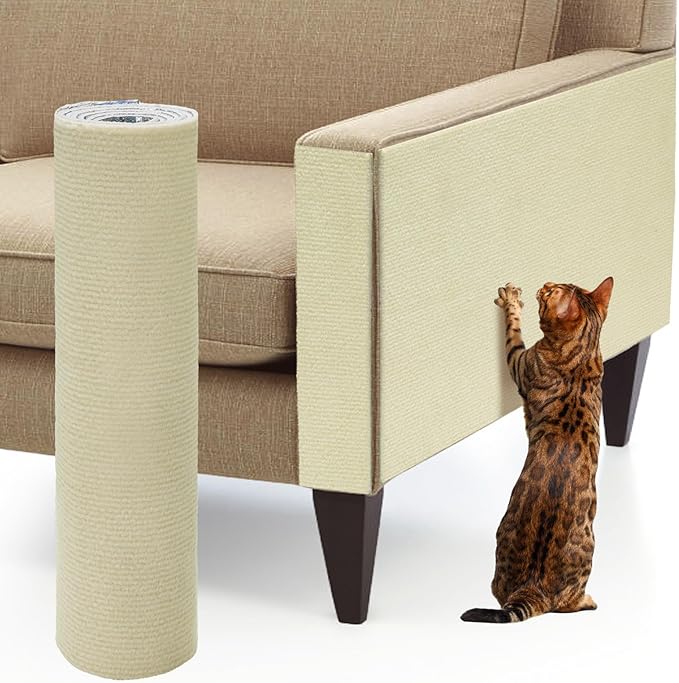39.3''x14.6'' Trimmable Cat Scratch Furniture Protector - Climbing Self-Adhesive Cat Scratching Pad Mat, Couch Protector from Claws for Scratch Post Cat Tree Shelves Wall, Beige