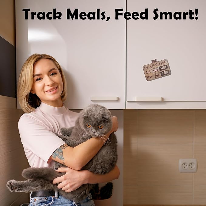 Cat Feeding Tracker-AM PM 2-Meal Wooden Fridge Magnets - Cat Feeding Reminder(3.5'' x 5.4'') with Stand - Did I Get Fed Yet-Pet Accessories to Track & Prevent Overfeeding or Underfeeding of Pets-A03
