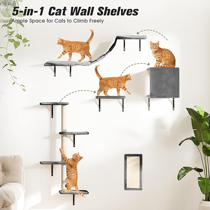 COZIWOW Wall Mounted Cat Furniture, Cat Wall Shelves and Perches, Floating Cat Shelves for Wall Set of 5 (Grey)