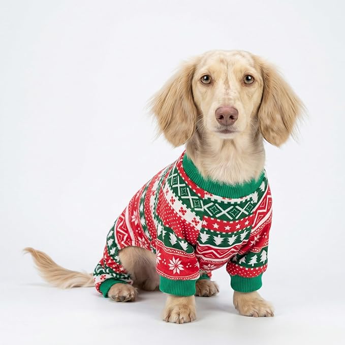 Fitwarm Dog Christmas Outfit, Holiday Pet Clothes for Small Dogs Boy Girl, Festive Pajamas with Feet, Puppy Onesie, Red, Green, XL