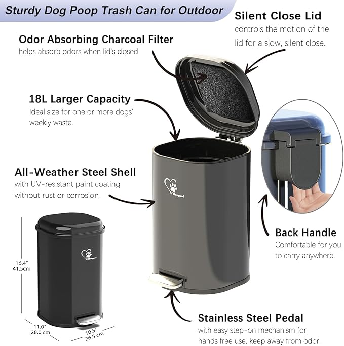 Dog Poop Trash Can Outside, Waste Bin with Lid and Removable Inner,Metal Rake Pooper Scooper, Odor Control for Indoor/Outdoor Dog Waste for Bathroom,Kitchen
