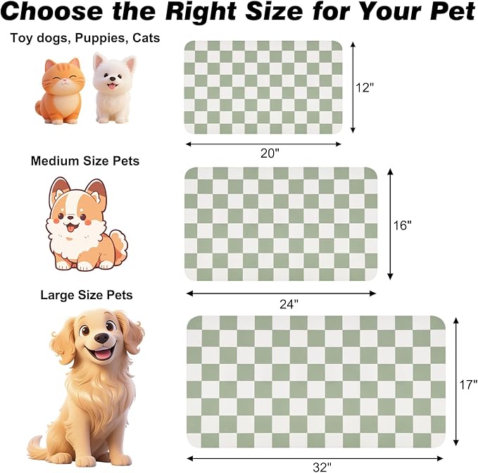 Checkered Dog Food Mat, Absorbent Leak-Proof Pet Feeding Mat, Quick Dry Cat Food Mat for Messy Drinkers 12" x 20" Green