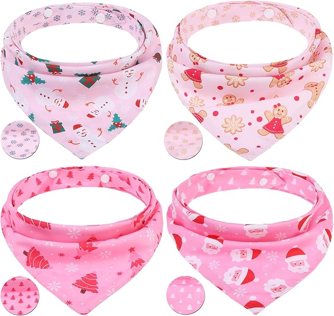 PAWCHIE Christmas Dog Bandanas 4 Pack,Reversible Dog Party Triangle Scarf Bibs,Pet Holiday Costume with Adjustable Snaps,Multiple Christmas-Themed Patterns for Medium Dogs Puppy,Cats Pets,Pink L