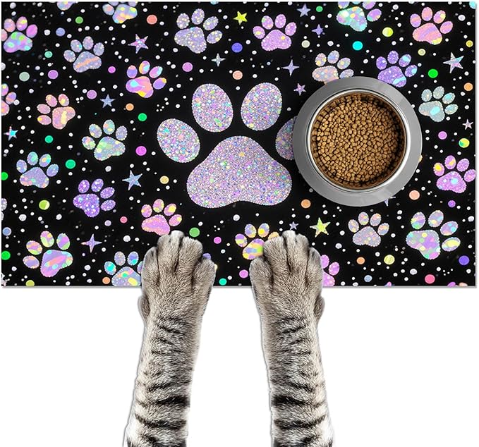 Pet Feedings Mats 20x12 inch Glitter Paw Print Pet Bowl Placemat Non Slip Mat for Cats and Dog Food and Water Indoor Feeding Station Cute Pet Meal Mat for Small Pets Kitchen Floor Use