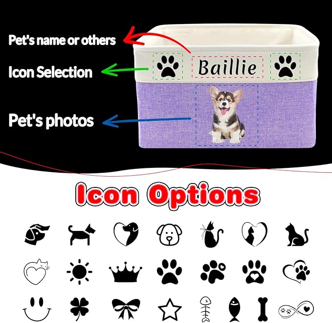 Personalized Dog Toy Storage Basket Custom Dog Name Photo Cat Pet's Gift Baskets Collapsible Organizer Box Foldable Storage Basket with Handle for Toys, Coats, Clothing, Blankets, Blue