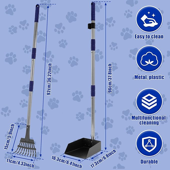 Pooper Scooper for Dogs, Dog Pooper Scooper Long Handle, Height Adjustable Pet Pooper Scooper, Poop Scoop Shovel, Detachable Rake and Tray Set Pet Waste Removal on Grass Dirt and Gravel