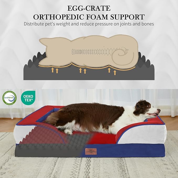 Comfort Expression Orthopedic Dog Bed for Large Dogs 36x27 Inch, Waterproof Egg Crate Foam Large Pet Bed with Removable Bolsters, Dog Couch with Washable Cover & Non-Slip Bottom, American Flag 2