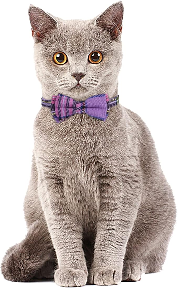 Faleela 2 Pack/Set Cat Collar with Cute Bow Tie and Bell,Breakaway Plaid Shirt Collar for Kitty Adjustable Safety