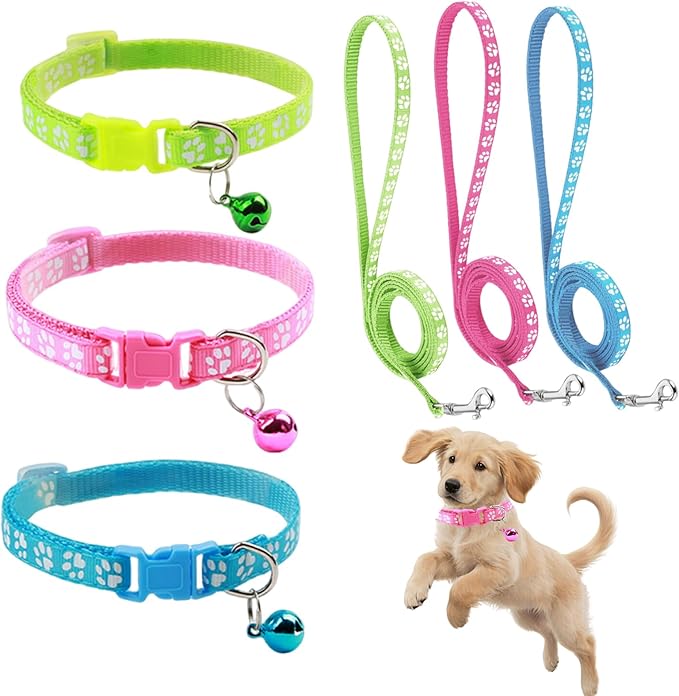 Dog Collar and Leash Set 3Pcs Puppy Collar and Leash Paw Print Whelping ID Collars Buckle Soft Nylon Litter Adjustable Pet Collar for Puppy Small Dogs Walking Training (Pink Green Blue)