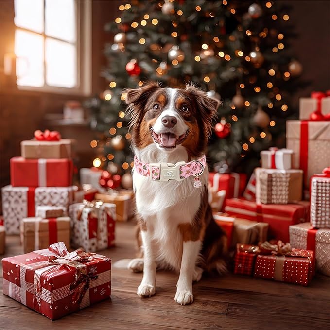 Christmas Dog Collar - Cute Pink Cozy Christmas Puppy Collar with Safety Buckle, Soft Adjustable Holiday Dog Collars for Small Medium Large Dogs M