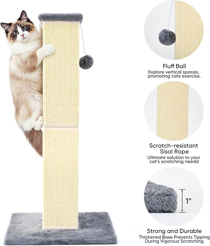 32" Tall Cat Scratching Post for Large Indoor Cats & Kittens, Cat Scratcher with Extra Large Stable Base and Natural Sisal, Sturdy Cat Scratch Post to Protect Furniture & Couch, Grey