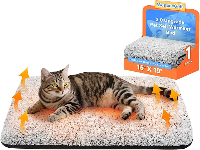 Self Warming Cat Bed, Heated Cat Bed, 2.0 Upgraded Thermal Foil Heating Pad, Plush Self-Heating Pet Mat for Crate, Floor, with Removable Washable Cover, Non-Slip, 15"x19"