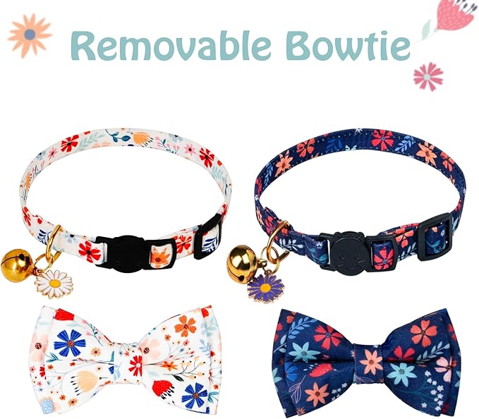 Flower Cat Collar Breakaway With Bow Tie Bell 2 Pack White & Blue Floral Pendant Cute Cat Collars Adjustable Safety Kitty Kitten Collars Soft Fancy Cat Collar for Female Girl Cats Male Boy Cats