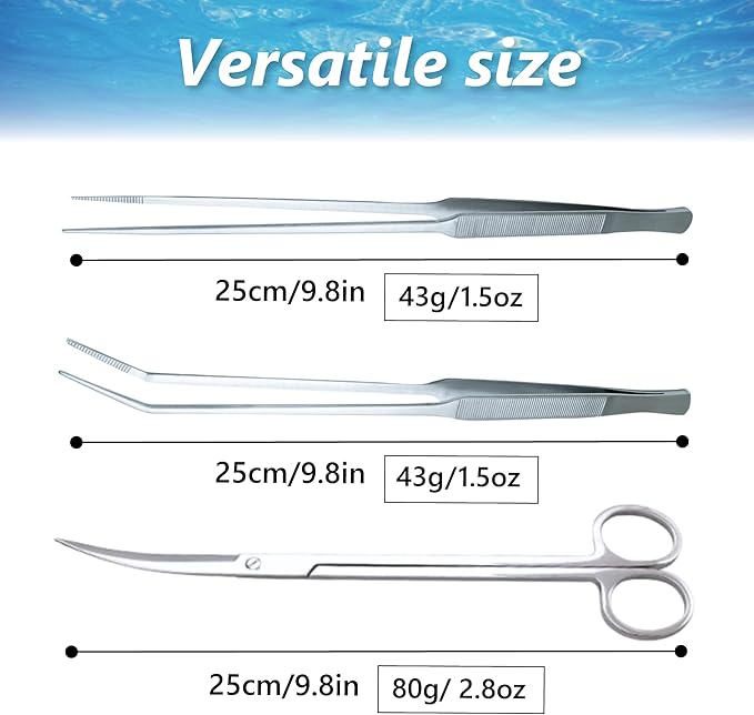 3-Piece Aquascaping Tools Set – 25cm / 9.8in Straight & Curved Long Tweezers, Scissors, Fine Tip 1mm – Aquarium Plant Care, Terrarium Tools
