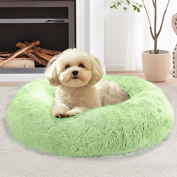 JOLLYVOGUE Calming Dog Bed Large Size Dog, Anti-Anxiety Donut Large Pet Bed, 36 inches Fluffy Faux Fur Round Cat Bed, Fits up to 75 lbs Pets (Light Green)