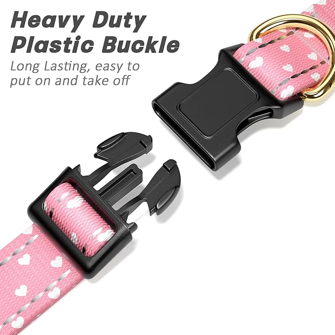 Reflective Dog Collar for Small Dogs, Cute Adjustable Heavy-Duty Nylon Puppy Collars for Boy and Girl Female, Soft Pet Accessories with Quick Release Buckle, Neck 10-16", Pink Hearts