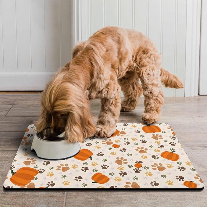 Fall Pumpkin Dog Food & Water Mat, Paw Prints Autumn Pet Feeding Mat for Floor Non-Slip Waterproof, Super Absorbent Cat Bowl Mat, Easy to Clean Eco-Friendly Durable Pet Placemat,16" × 24"