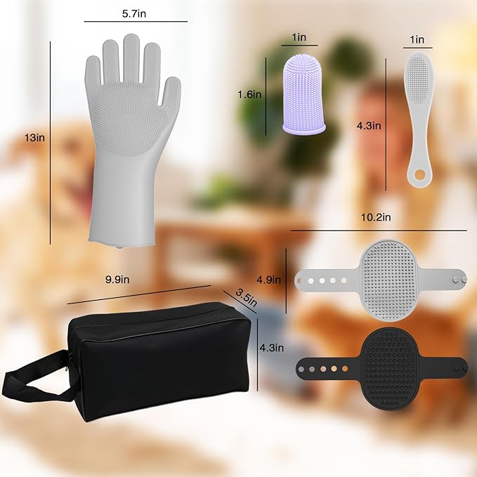 7PCS Pet Grooming Kit for Dogs and Cats，with Storage Bag & Includes Dog Washing Gloveswith High-Density Teeth, Adjustable Handle Dog Shampoo Brush, Dog Finger Toothbrush (Gray)