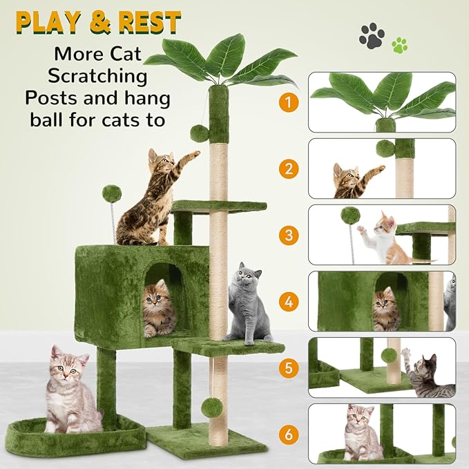 52in Multi-Level Cat Tower with Sisal Scratching Posts, Hidden Cave & Perch Platform, Large Cat Condo for 1-3 Cats, Eco-Friendly Pet Furniture with Realistic Leaves, Green