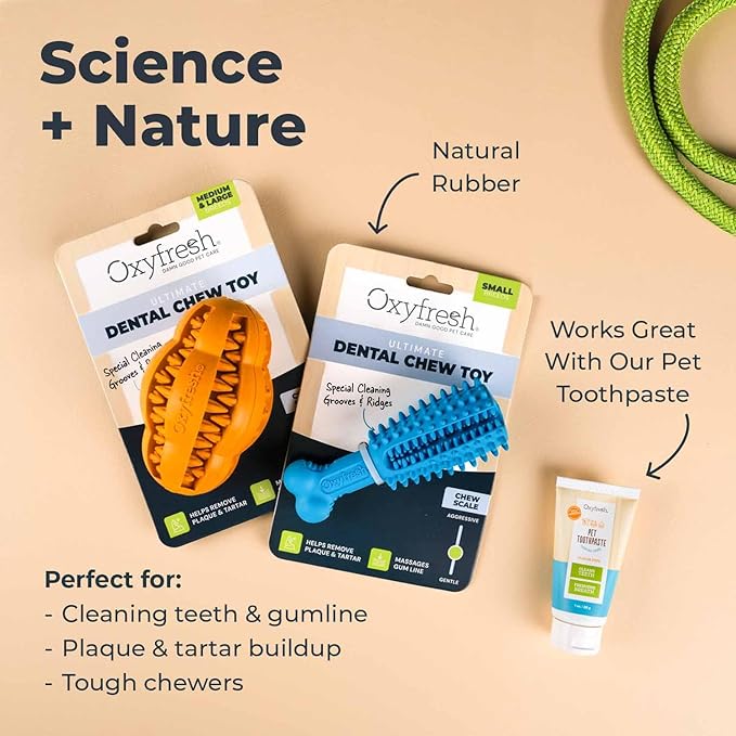 Oxyfresh Dog Dental Chew Toy - Best Dog Teeth Cleaning Toy – A Simple Bite and Brush Toy That Helps Remove Plaque, Cleans Teeth & Freshens Breath Without Brushing - Small
