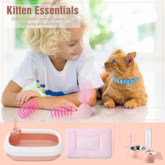 Eccliy Kitten Starter Kit, 10 Pcs Cat Starter Kit for Indoor Cats Kitten Essentials Includes Litter Box, Pet Toy, Folding Carrier, Climbing Frame, Mat, Collar, Automatic Food Bow(Classic,Pink)