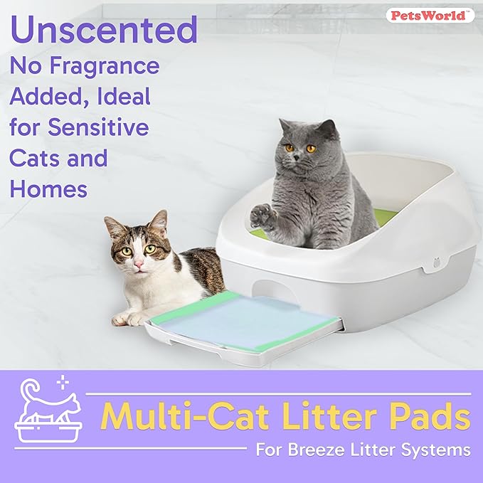PETSWORLD Multi Cat Pad Refills for Cats Breeze Litter System, Ultra-Absorbent, Quick Dry - (50 Count, Unscented)