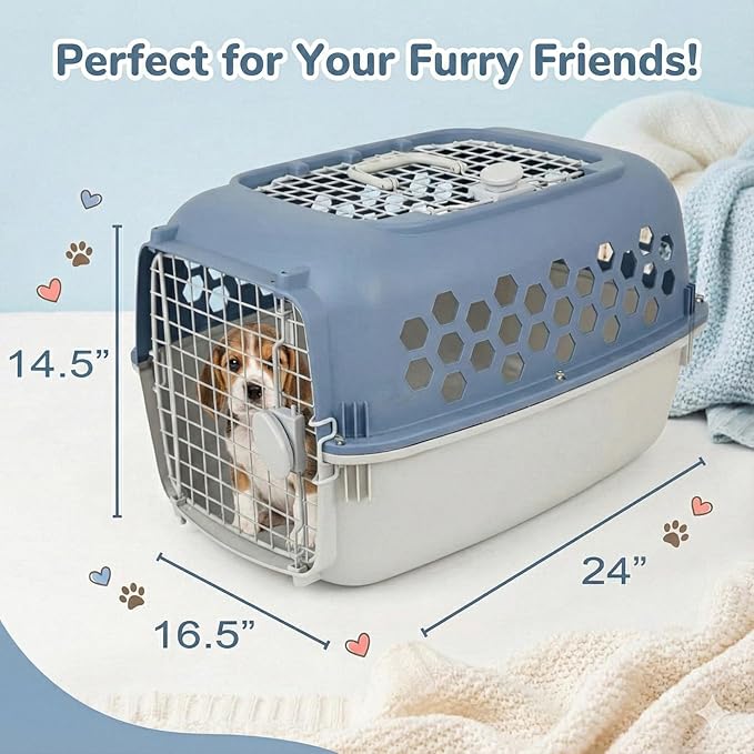 Portable Double Door Plastic Pet Carrier for Dogs & Cats - 24" Durable Ventilated Kennel with Top Loading, Airline Approved, Foldable Design for Travel & Vet Visits