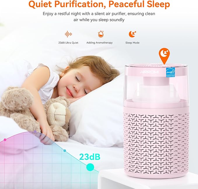 AIRROMI Pet Air Purifier for Home & Bedroom, HEPA Activated Carbon Filter, Removes Pet Dander & Odor, Allergies, Smoke, Hair, Night Light, Fragrance Sponge, Up to 658 ft², A2002 Pink