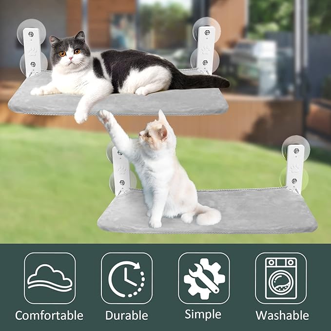 Sunhoo Cat Window Hammock Perch Cordless Perches Window Sill Seat Bed Foldable Stable Lounger Upgraded Suction Cup Easy Assembly Indoor Cats Kitty Shelf Hold Up to 55lbs (Grey, M)