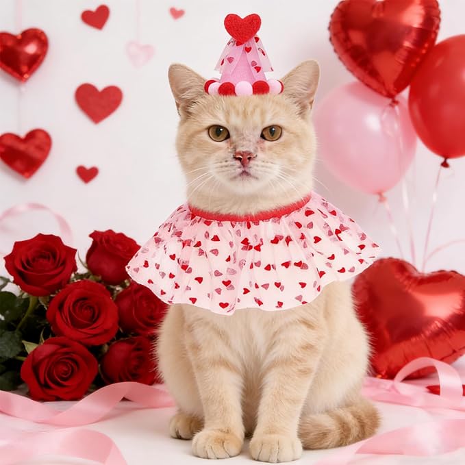 SCENEREAL Valentine's Day Cat Costume - Kitten Hat & Scarf Set, Pet Birthday Bandana Scarf Bib Holiday Outfit Party Accessories for Big Cats Puppy Small Dogs Animals