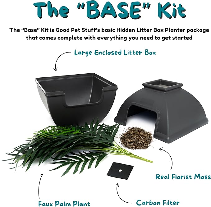 Good Pet Stuff Hidden Litter Box Planter, Decorative Cat Litter Enclosure with Carbon Filter, Artificial Plant, Easy Clean, Indoor Design, Courtyard Square Style, Base Kit, Black Suede