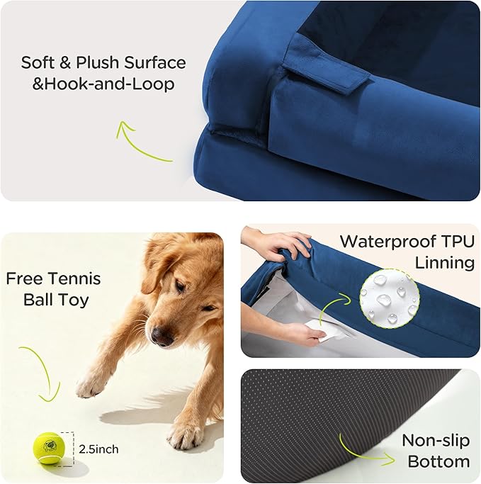Orthopedic Dog Bed for Extra Large Dogs, XXL Waterproof Egg Crate Memory Foam Pet Bed Bolsters with Removable Washable Cover & Non-Slip Bottom, Tennis Ball Toy, 45x35