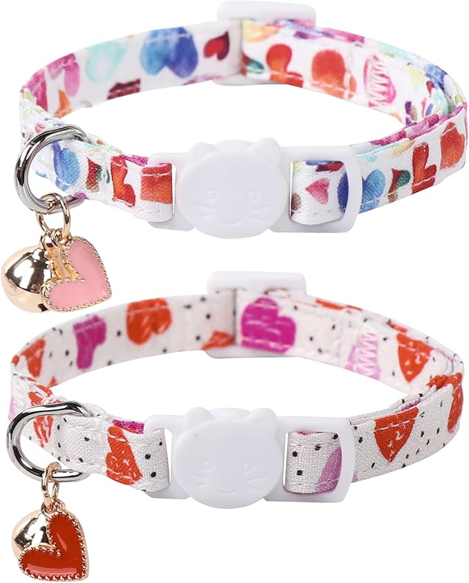 Lionet Paws 2pcs Pack Valentine's Day Cotton Cat Collar,White Breakaway Buckle with Colorful Pink Heart Cute Adjustable Cat Kitten Collar,Ideal for Girl Cats